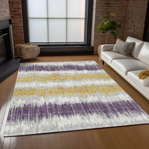 Homeroots 3' Artichoke Green And Ivory Striped Washable Area Rug - Perfect For Indoor And Outdoor Spaces! 9' X 12' Polyester 585164