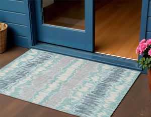 Homeroots 3' Artichoke Green And Ivory Striped Washable Area Rug - Perfect For Indoor And Outdoor Spaces! 3' X 5' Polyester 585166