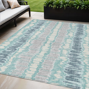 Homeroots 3' Artichoke Green And Ivory Striped Washable Area Rug - Perfect For Indoor And Outdoor Spaces! 5' X 8' Polyester 585167