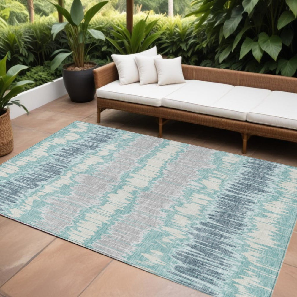 HomeRoots 9' Vibrant Teal Blue Aqua and Silver Striped Washable Area Rug for Indoor and Outdoor Spaces 9' X 12' 585170