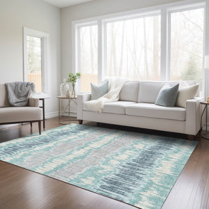 Homeroots 3' Artichoke Green And Ivory Striped Washable Area Rug - Perfect For Indoor And Outdoor Spaces! 9' X 12' Polyester 585170