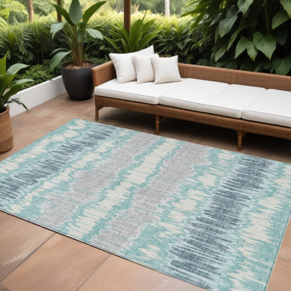 Homeroots 3' Artichoke Green And Ivory Striped Washable Area Rug - Perfect For Indoor And Outdoor Spaces! 10' X 14' Polyester 585171