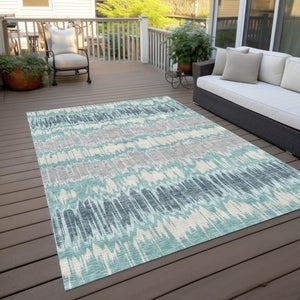 Homeroots 3' Artichoke Green And Ivory Striped Washable Area Rug - Perfect For Indoor And Outdoor Spaces! 10' X 14' Polyester 585171
