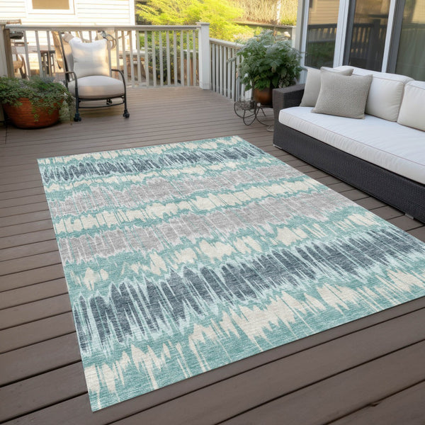 Homeroots 3' Artichoke Green And Ivory Striped Washable Area Rug - Perfect For Indoor And Outdoor Spaces! 10' X 14' Polyester 585171