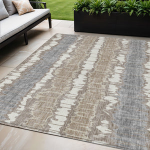 Homeroots 3' Artichoke Green And Ivory Striped Washable Area Rug - Perfect For Indoor And Outdoor Spaces! 5' X 8' Polyester 585173