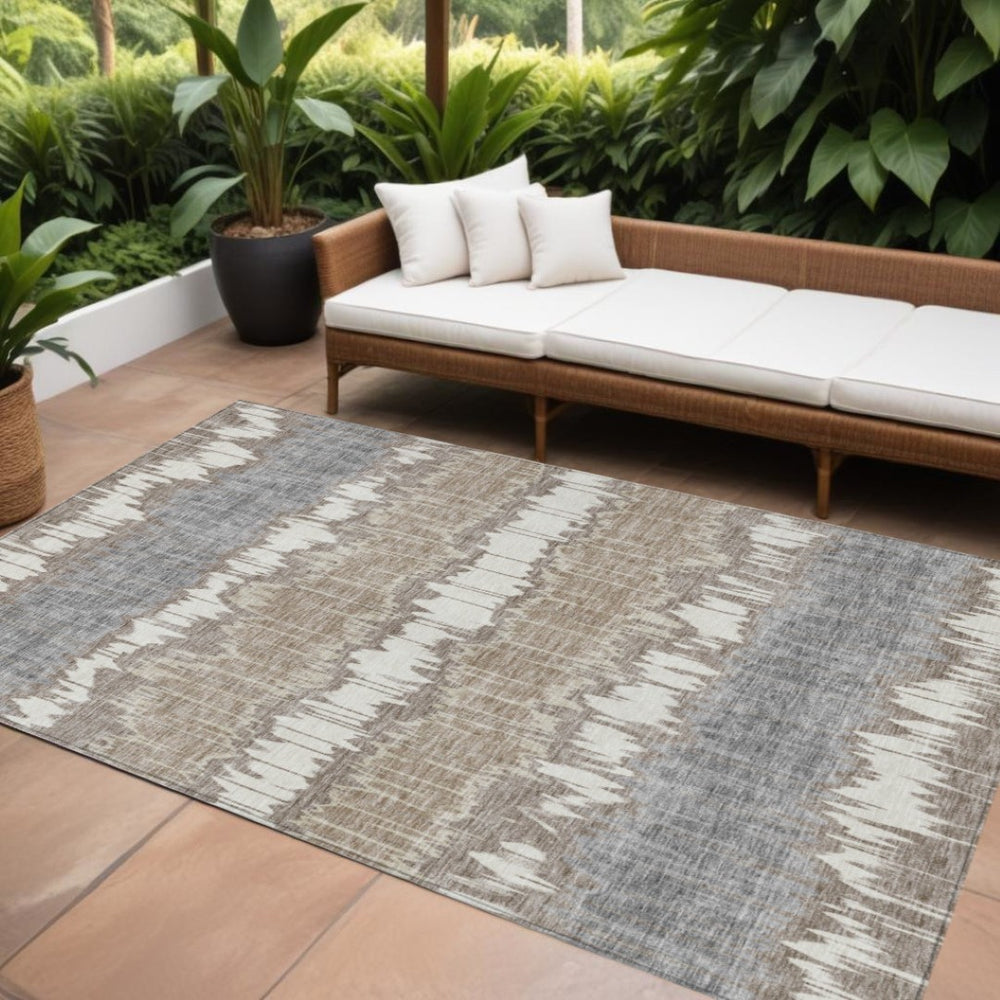 HomeRoots 9' Stylish Taupe Brown and Ivory Striped Washable Area Rug for Indoor and Outdoor Use, Durable Design 9' X 12' 585176
