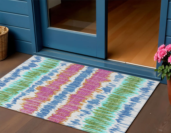 Homeroots 3' Artichoke Green And Ivory Striped Washable Area Rug - Perfect For Indoor And Outdoor Spaces! 3' X 5' Polyester 585178