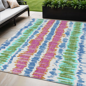 Homeroots 3' Artichoke Green And Ivory Striped Washable Area Rug - Perfect For Indoor And Outdoor Spaces! 5' X 8' Polyester 585179