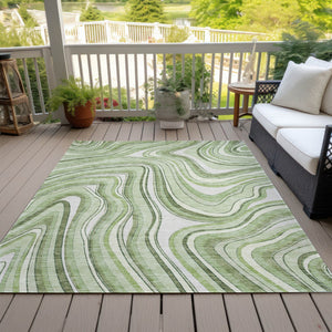 Homeroots 3' Artichoke Green And Ivory Abstract Washable Area Rug For Indoor And Outdoor Spaces, Durable Design 5' X 8' Polyester 585185