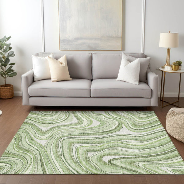 Homeroots 3' Artichoke Green And Ivory Abstract Washable Area Rug For Indoor And Outdoor Spaces, Durable Design 5' X 8' Polyester 585185