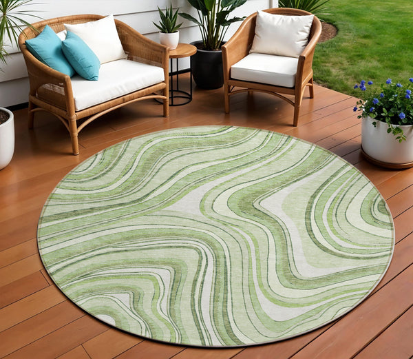 Homeroots 3' Artichoke Green And Ivory Abstract Washable Area Rug For Indoor And Outdoor Spaces, Durable Design 8' Round Polyester 585186