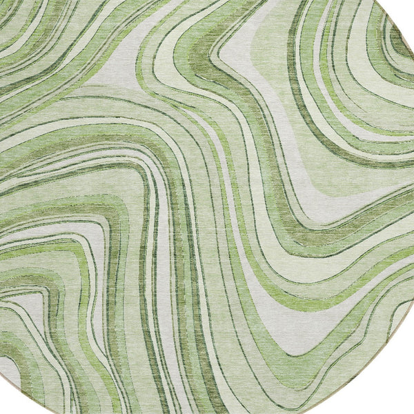 Homeroots 3' Artichoke Green And Ivory Abstract Washable Area Rug For Indoor And Outdoor Spaces, Durable Design 8' Round Polyester 585186