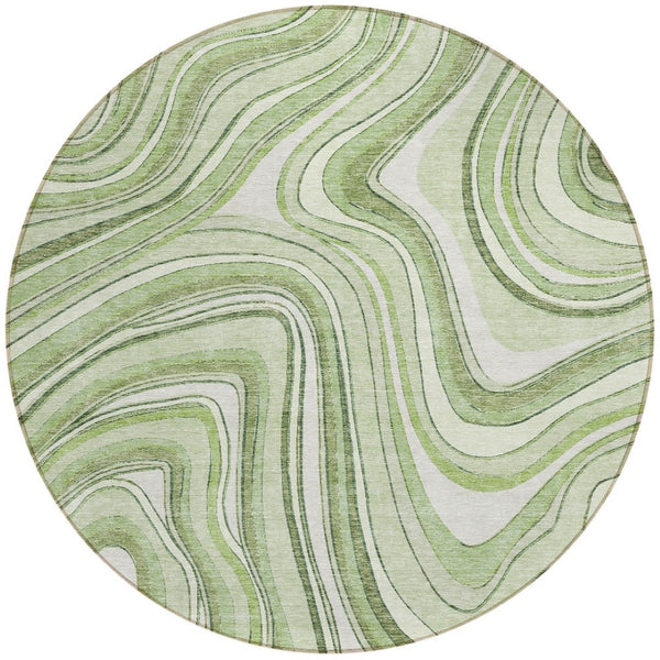 Homeroots 3' Artichoke Green And Ivory Abstract Washable Area Rug For Indoor And Outdoor Spaces, Durable Design 8' Round Polyester 585186