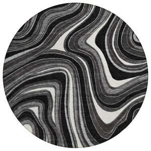 HomeRoots 5' Transform Your Space with a Modern Black Gray White Abstract Washable Area Rug for Indoor Outdoor Use 8' Round 585192