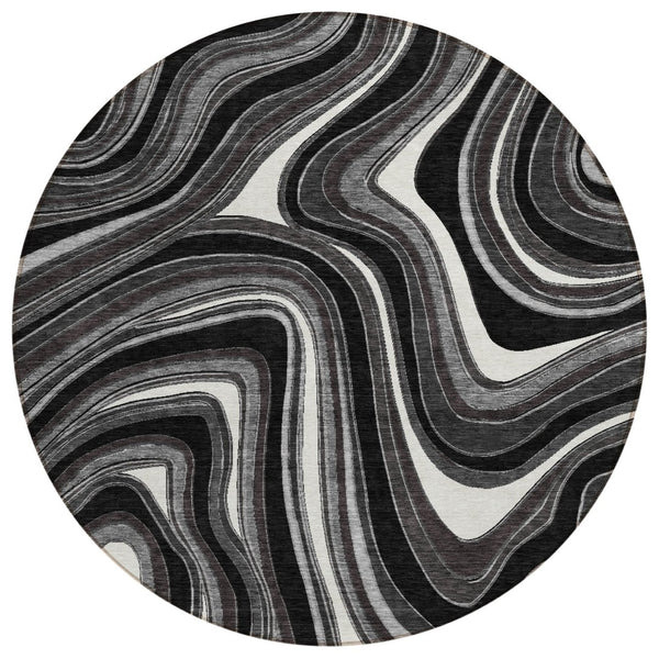 HomeRoots 5' Transform Your Space with a Modern Black Gray White Abstract Washable Area Rug for Indoor Outdoor Use 8' Round 585192