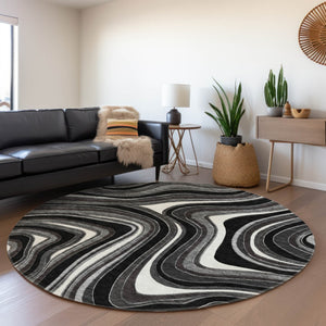 Homeroots 3' Artichoke Green And Ivory Abstract Washable Area Rug For Indoor And Outdoor Spaces, Durable Design 8' Round Polyester 585192