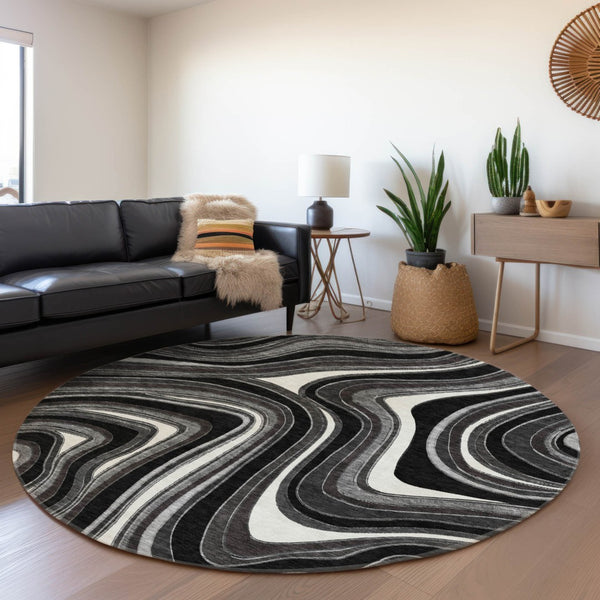 Homeroots 3' Artichoke Green And Ivory Abstract Washable Area Rug For Indoor And Outdoor Spaces, Durable Design 8' Round Polyester 585192