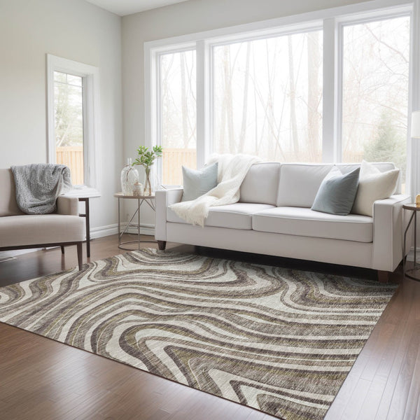 Homeroots 3' Artichoke Green And Ivory Abstract Washable Area Rug For Indoor And Outdoor Spaces, Durable Design 10' X 14' Polyester 585201