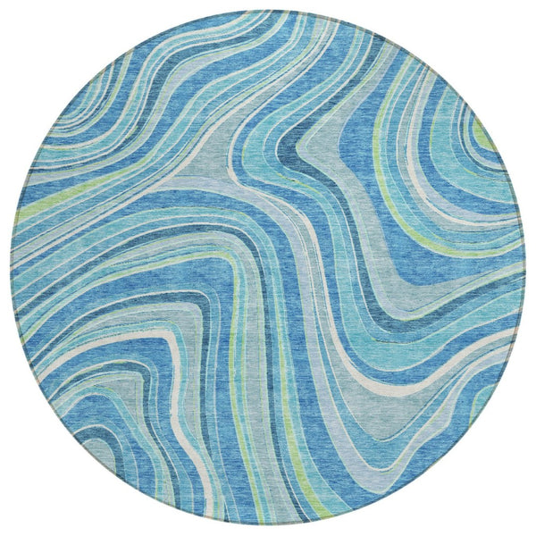 HomeRoots 5' Stylish Navy Blue and Denim Abstract Washable Area Rug for Indoor and Outdoor Spaces 8' Round 585204