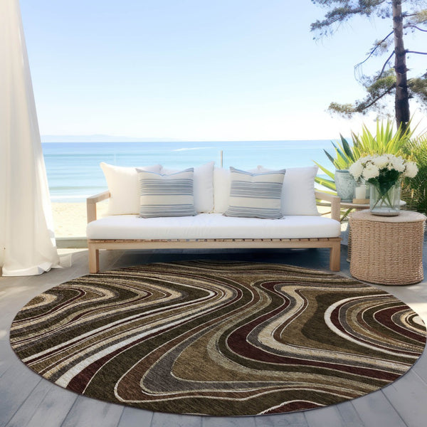 Homeroots 3' Artichoke Green And Ivory Abstract Washable Area Rug For Indoor And Outdoor Spaces, Durable Design 8' Round Polyester 585210