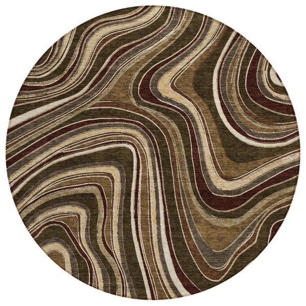 HomeRoots 5' Abstract Brown and Ivory Washable Area Rug - Stylish Indoor/Outdoor Decor for Modern Living Spaces 8' Round 585210