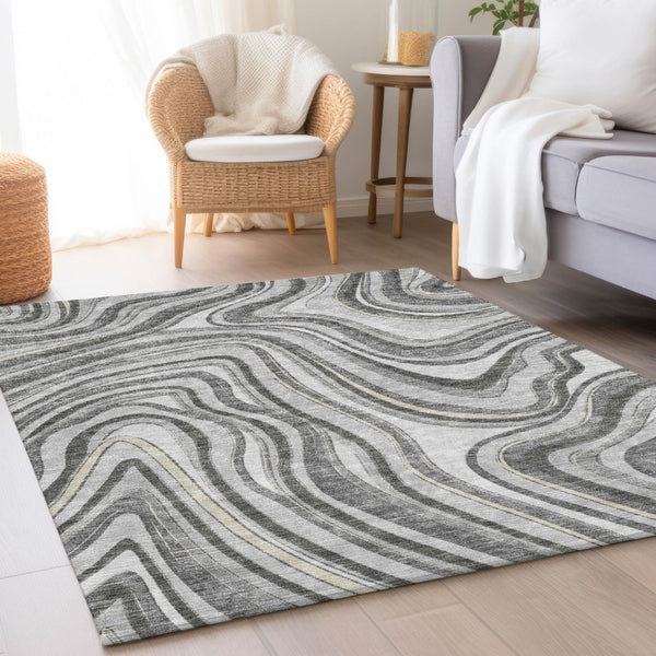 Homeroots 3' Artichoke Green And Ivory Abstract Washable Area Rug For Indoor And Outdoor Spaces, Durable Design 3' X 5' Polyester 585214