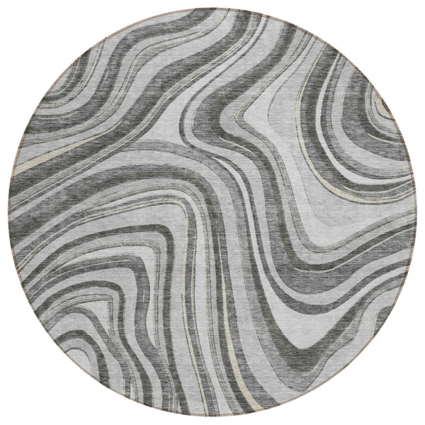 HomeRoots 5' Gray Charcoal and Ivory Abstract Area Rug - Stylish, Washable, Indoor-Outdoor Design for Versatile Spaces 8' Round 585216