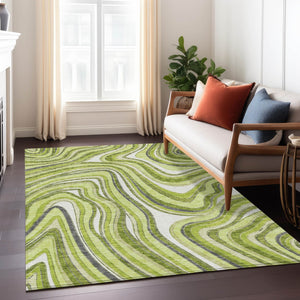 Homeroots 3' Artichoke Green And Ivory Abstract Washable Area Rug For Indoor And Outdoor Spaces, Durable Design 3' X 5' Polyester 585226