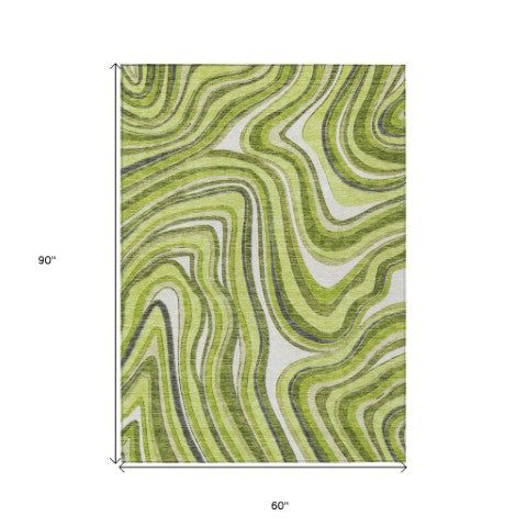 Homeroots 3' Artichoke Green And Ivory Abstract Washable Area Rug For Indoor And Outdoor Spaces, Durable Design 5' X 8' Polyester 585227