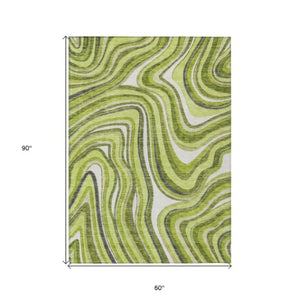 Homeroots 3' Artichoke Green And Ivory Abstract Washable Area Rug For Indoor And Outdoor Spaces, Durable Design 5' X 8' Polyester 585227