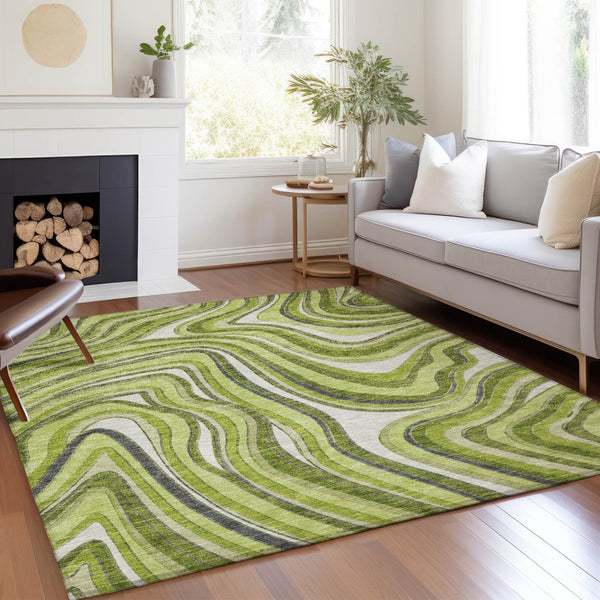 Homeroots 3' Artichoke Green And Ivory Abstract Washable Area Rug For Indoor And Outdoor Spaces, Durable Design 5' X 8' Polyester 585227