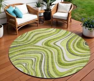 Homeroots 3' Artichoke Green And Ivory Abstract Washable Area Rug For Indoor And Outdoor Spaces, Durable Design 8' Round Polyester 585228