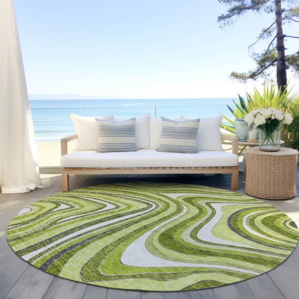 Homeroots 3' Artichoke Green And Ivory Abstract Washable Area Rug For Indoor And Outdoor Spaces, Durable Design 8' Round Polyester 585228