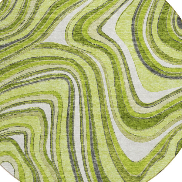 Homeroots 3' Artichoke Green And Ivory Abstract Washable Area Rug For Indoor And Outdoor Spaces, Durable Design 8' Round Polyester 585228