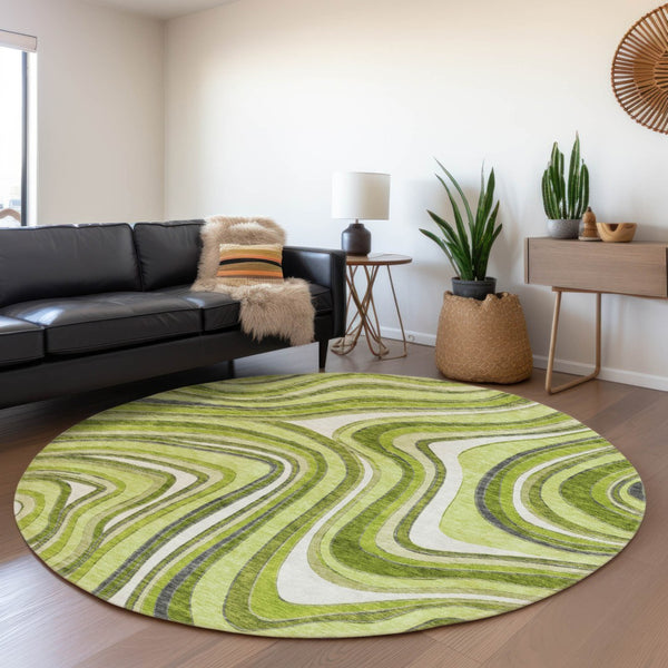Homeroots 3' Artichoke Green And Ivory Abstract Washable Area Rug For Indoor And Outdoor Spaces, Durable Design 8' Round Polyester 585228
