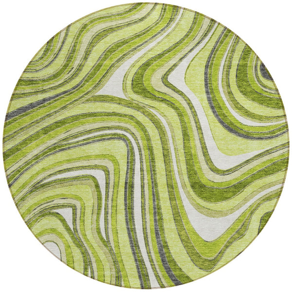 Homeroots 3' Artichoke Green And Ivory Abstract Washable Area Rug For Indoor And Outdoor Spaces, Durable Design 8' Round Polyester 585228