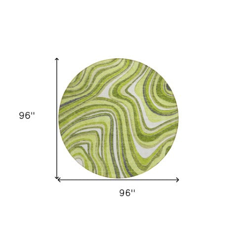 Homeroots 3' Artichoke Green And Ivory Abstract Washable Area Rug For Indoor And Outdoor Spaces, Durable Design 8' Round Polyester 585228