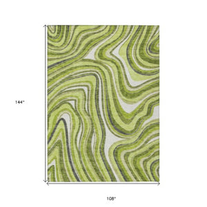 Homeroots 3' Artichoke Green And Ivory Abstract Washable Area Rug For Indoor And Outdoor Spaces, Durable Design 9' X 12' Polyester 585230