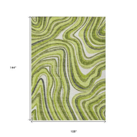 Homeroots 3' Artichoke Green And Ivory Abstract Washable Area Rug For Indoor And Outdoor Spaces, Durable Design 9' X 12' Polyester 585230