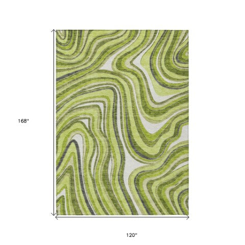 Homeroots 3' Artichoke Green And Ivory Abstract Washable Area Rug For Indoor And Outdoor Spaces, Durable Design 10' X 14' Polyester 585231