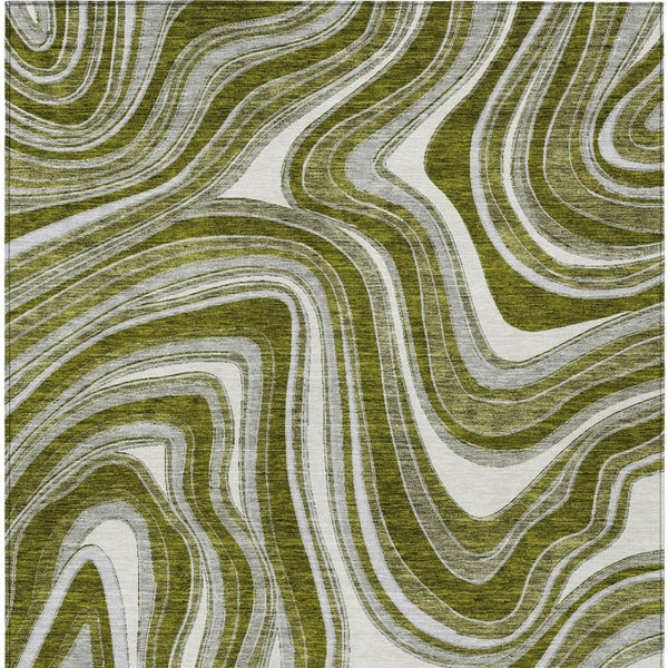 Homeroots 3' Artichoke Green And Ivory Abstract Washable Area Rug For Indoor And Outdoor Spaces, Durable Design 3' X 5' Polyester 585238