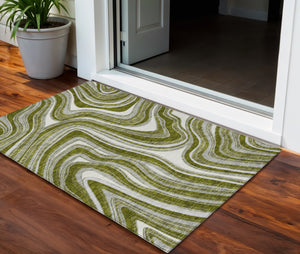 Homeroots 3' Artichoke Green And Ivory Abstract Washable Area Rug For Indoor And Outdoor Spaces, Durable Design 3' X 5' Polyester 585238