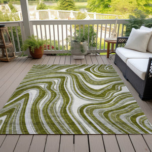 Homeroots 3' Artichoke Green And Ivory Abstract Washable Area Rug For Indoor And Outdoor Spaces, Durable Design 3' X 5' Polyester 585238