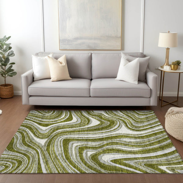 Homeroots 3' Artichoke Green And Ivory Abstract Washable Area Rug For Indoor And Outdoor Spaces, Durable Design 3' X 5' Polyester 585238