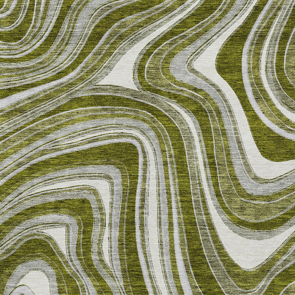 Homeroots 3' Artichoke Green And Ivory Abstract Washable Area Rug For Indoor And Outdoor Spaces, Durable Design 5' X 8' Polyester 585239