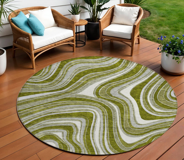 Homeroots 3' Artichoke Green And Ivory Abstract Washable Area Rug For Indoor And Outdoor Spaces, Durable Design 8' Round Polyester 585240