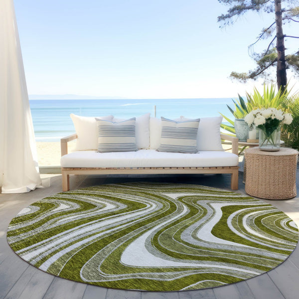 Homeroots 3' Artichoke Green And Ivory Abstract Washable Area Rug For Indoor And Outdoor Spaces, Durable Design 8' Round Polyester 585240