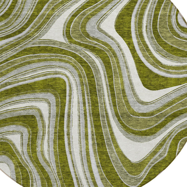 Homeroots 3' Artichoke Green And Ivory Abstract Washable Area Rug For Indoor And Outdoor Spaces, Durable Design 8' Round Polyester 585240