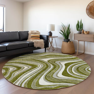 Homeroots 3' Artichoke Green And Ivory Abstract Washable Area Rug For Indoor And Outdoor Spaces, Durable Design 8' Round Polyester 585240