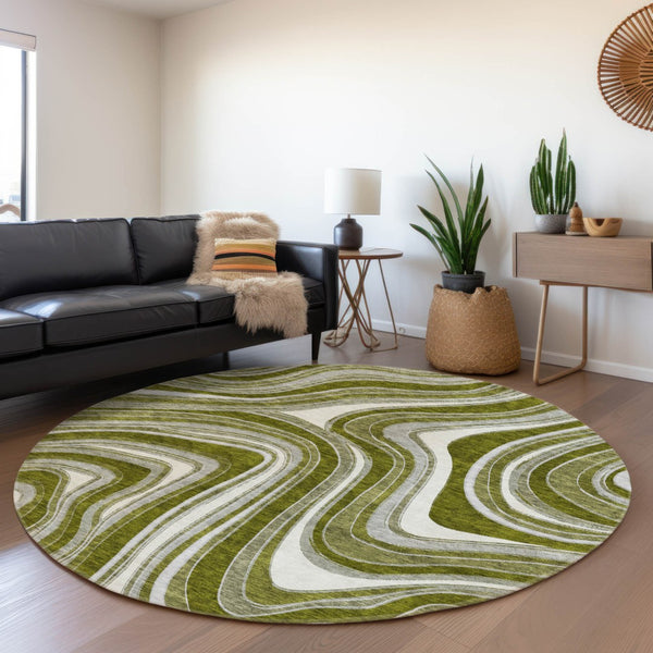 Homeroots 3' Artichoke Green And Ivory Abstract Washable Area Rug For Indoor And Outdoor Spaces, Durable Design 8' Round Polyester 585240